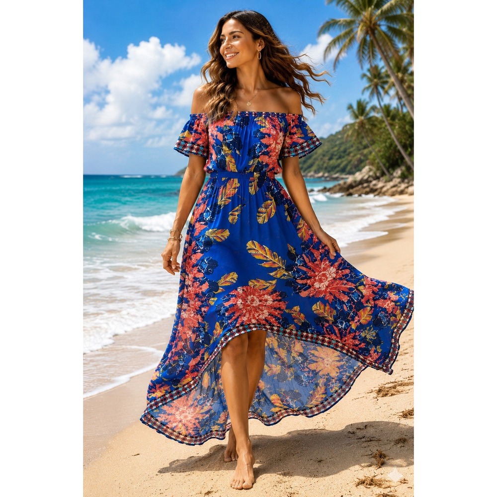 Flying Tomato Off Shoulder High Low Maxi Dress Tropical Floral Blue Medium